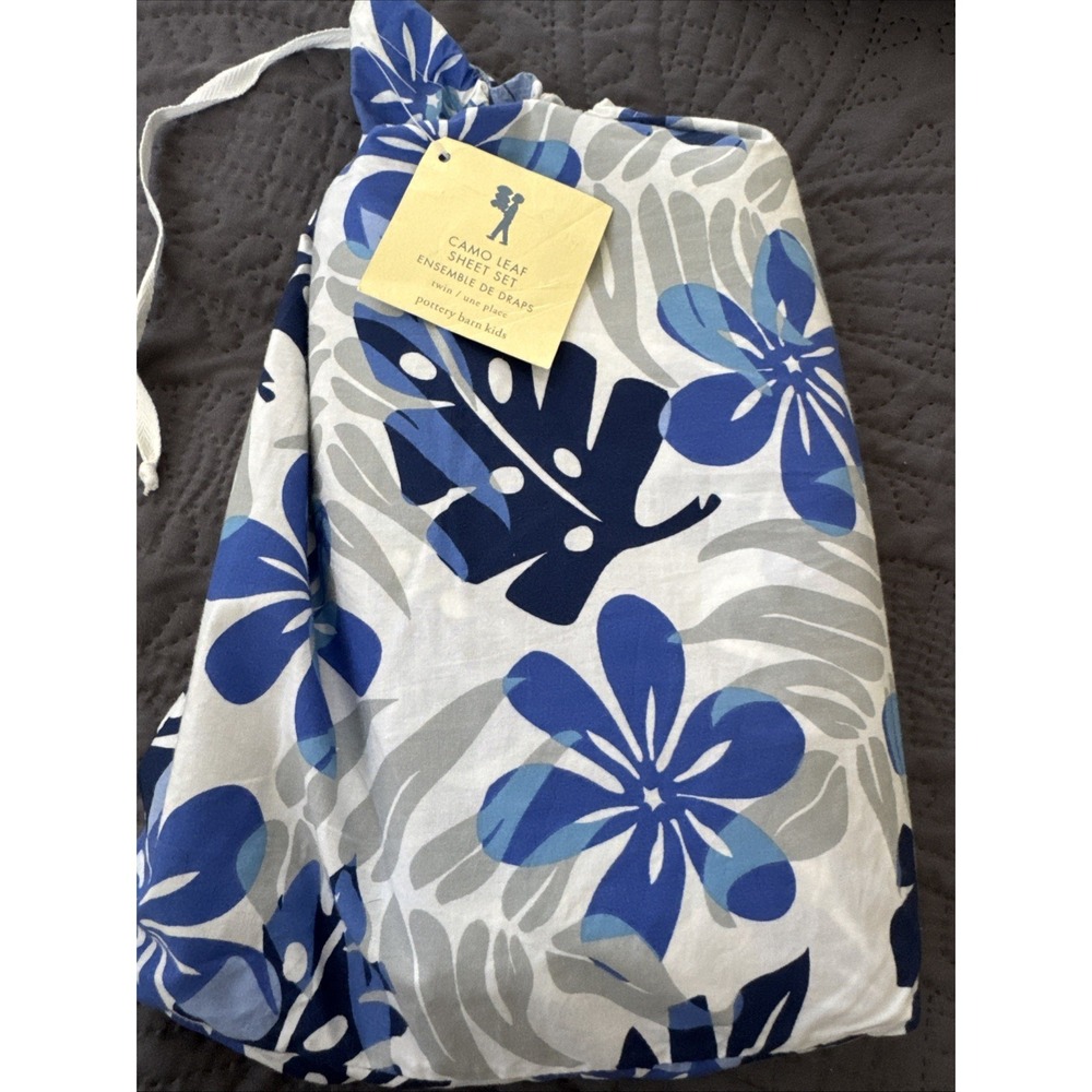 POTTERY BARN PB KIDS Twin Flat Sheet Camouflage Blue Tropical Leaf Cotton NEW